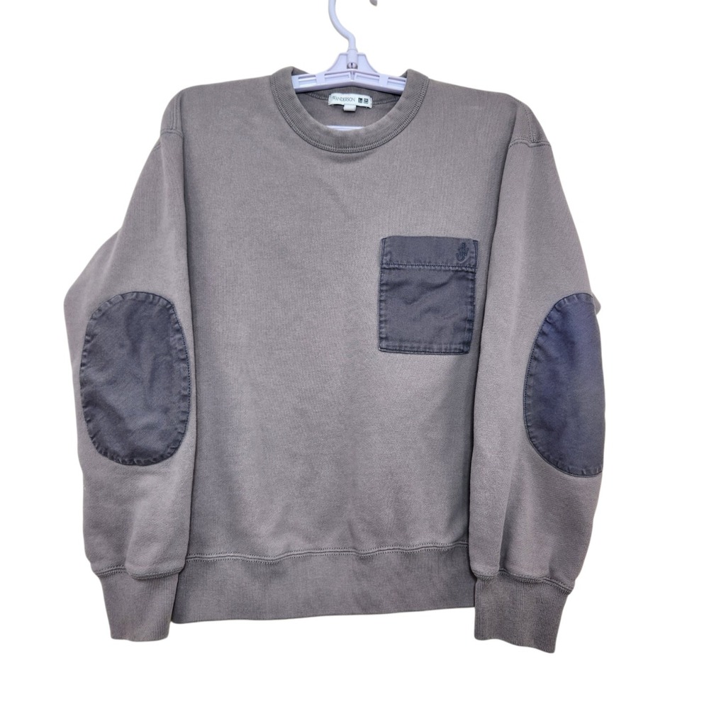 JW Anderson x Uniqlo Mens Sweatshirt Size XS Pullover Crew Elbow Patches Grey